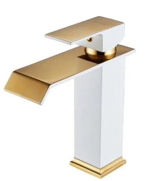 Black and white gold finished brass waterfall basin faucet with electric induction sensor.