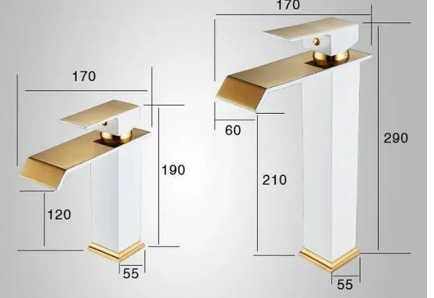 Black and white gold finished brass waterfall basin faucet with electric induction sensor.