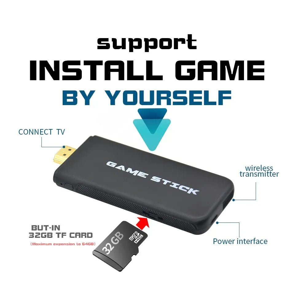 Y2HDMAX 2.4G wireless game console with two controllers and built-in TF card showing game selection screen