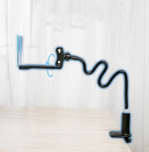Black 12-inch mobile phone screen amplifier with adjustable folding stand on a table.