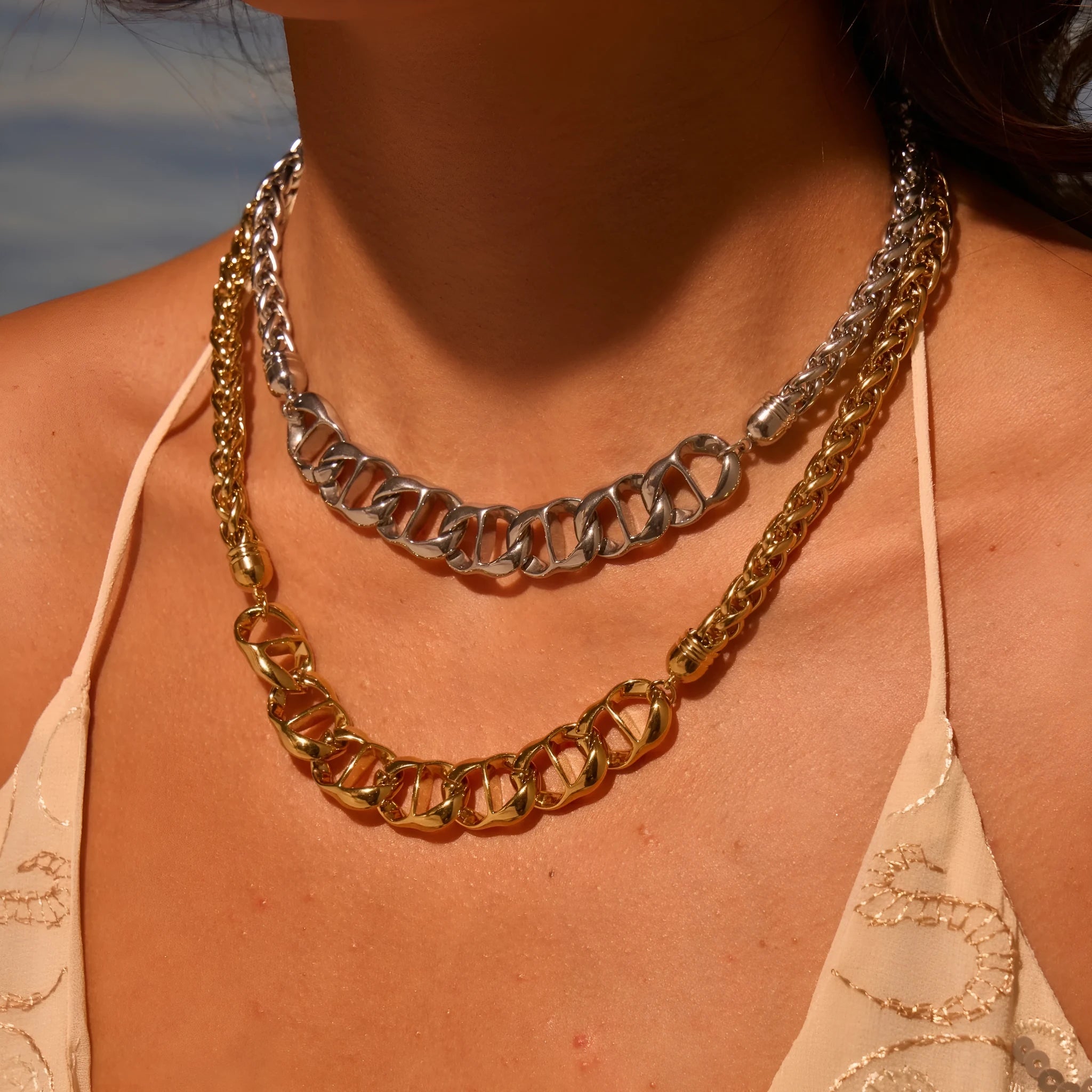 Stainless steel geometric chain necklace with 18K gold plating in gold or steel colour options
