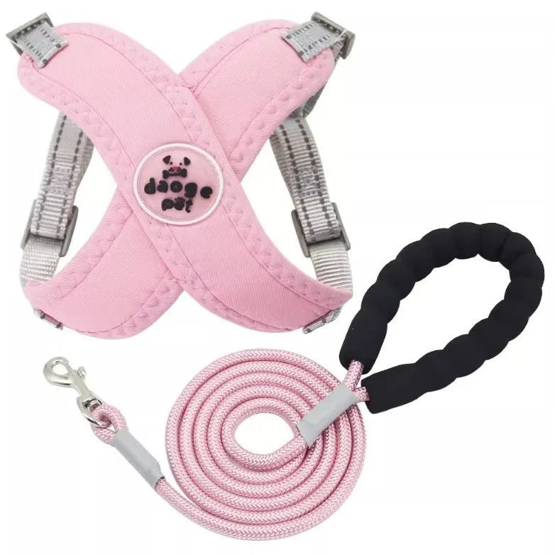 Polyester pet harness and hand holding rope set in blue, shown with a vest and separate lead.