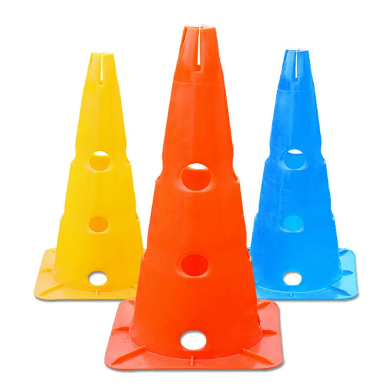 Set of 4 polyethylene football training cones 30cm height square base in blue green orange red yellow