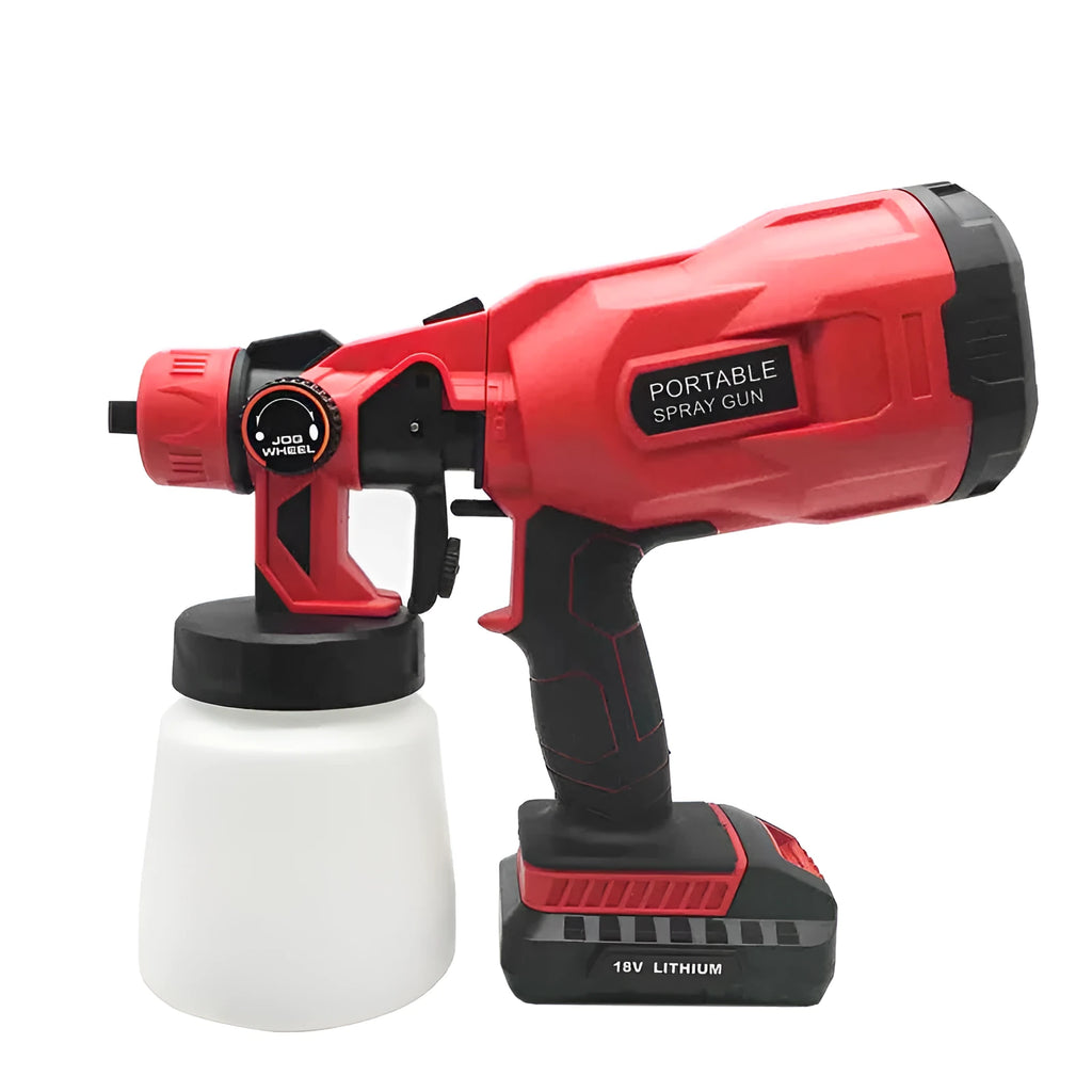 Blue cordless paint spray gun with 800ml watering can and lithium battery pack