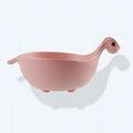 Cute tiny dinosaur bowl made of natural wheat straw fibre in pink, green, and beige colours, lightweight non-slip unbreakable design