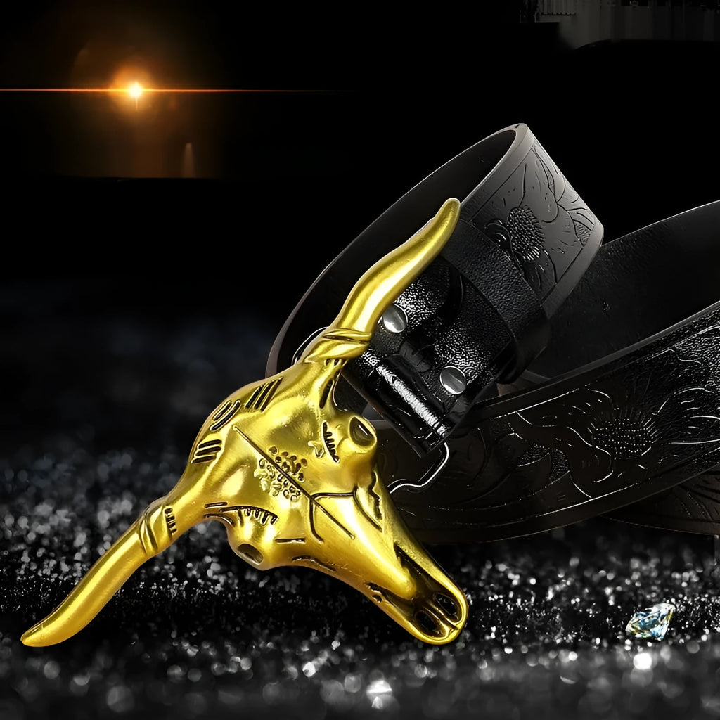 Men's black imitation leather belt with detailed alloy cow head buckle and pin fastening