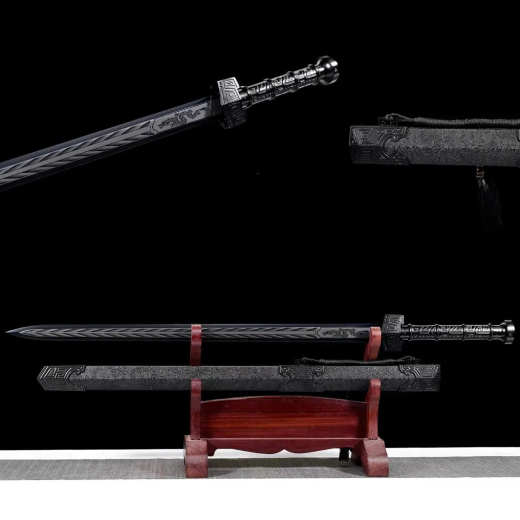 King Of Qin Sword with high manganese steel blade, 102cm overall, unsharpened, in leather-covered scabbard