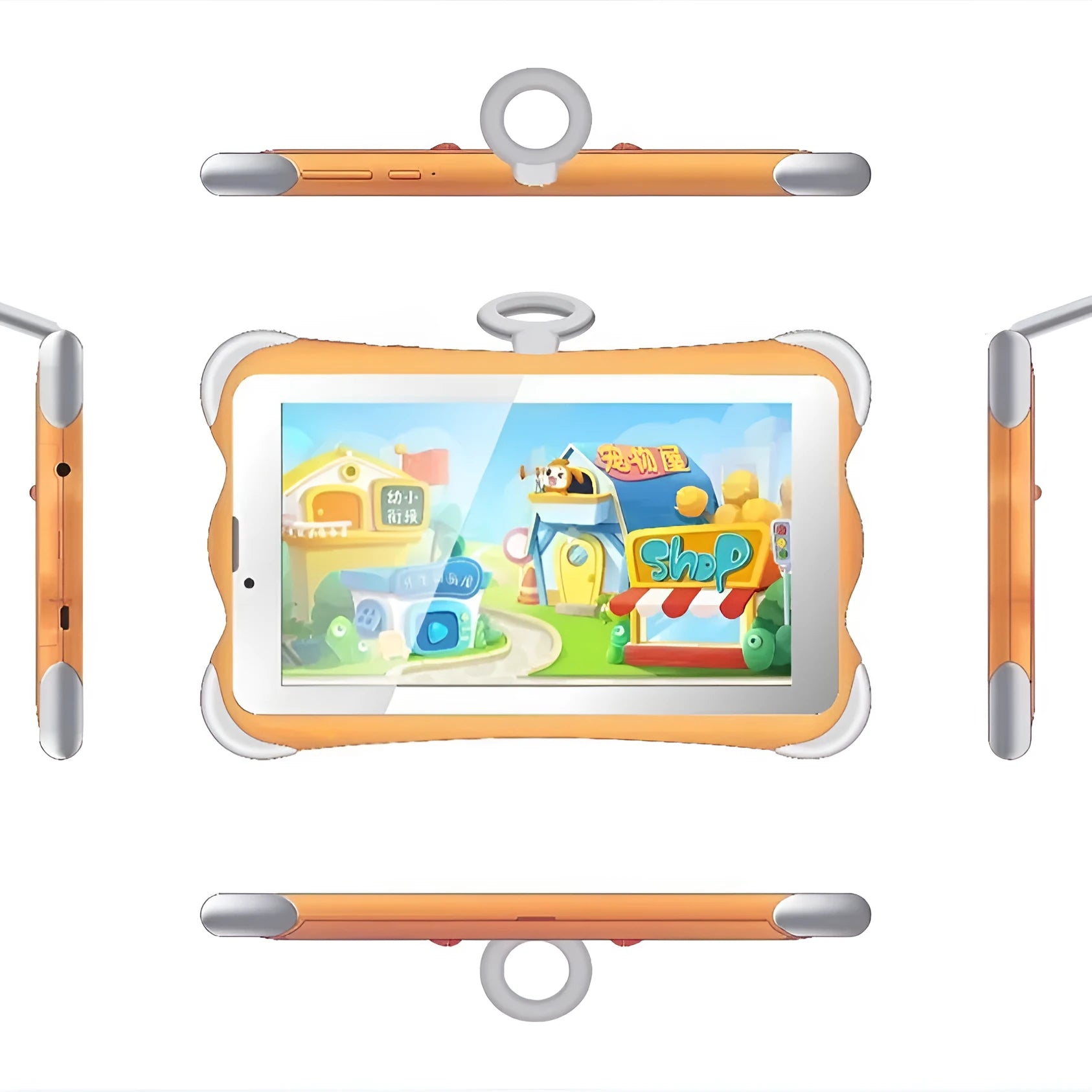 7-inch children's learning tablet with stand in cartoon colours showing IPS screen and 3G calling capability
