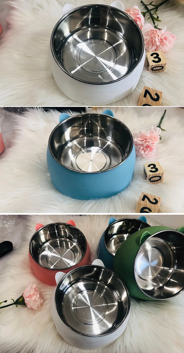 Ceramic cat food bowl with stainless steel insert in blue, featuring a cat head shape on the outer bowl