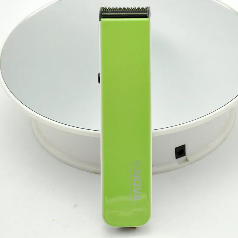 Rechargeable electric hair clipper in multiple colours with removable blade head, showing dimensions.