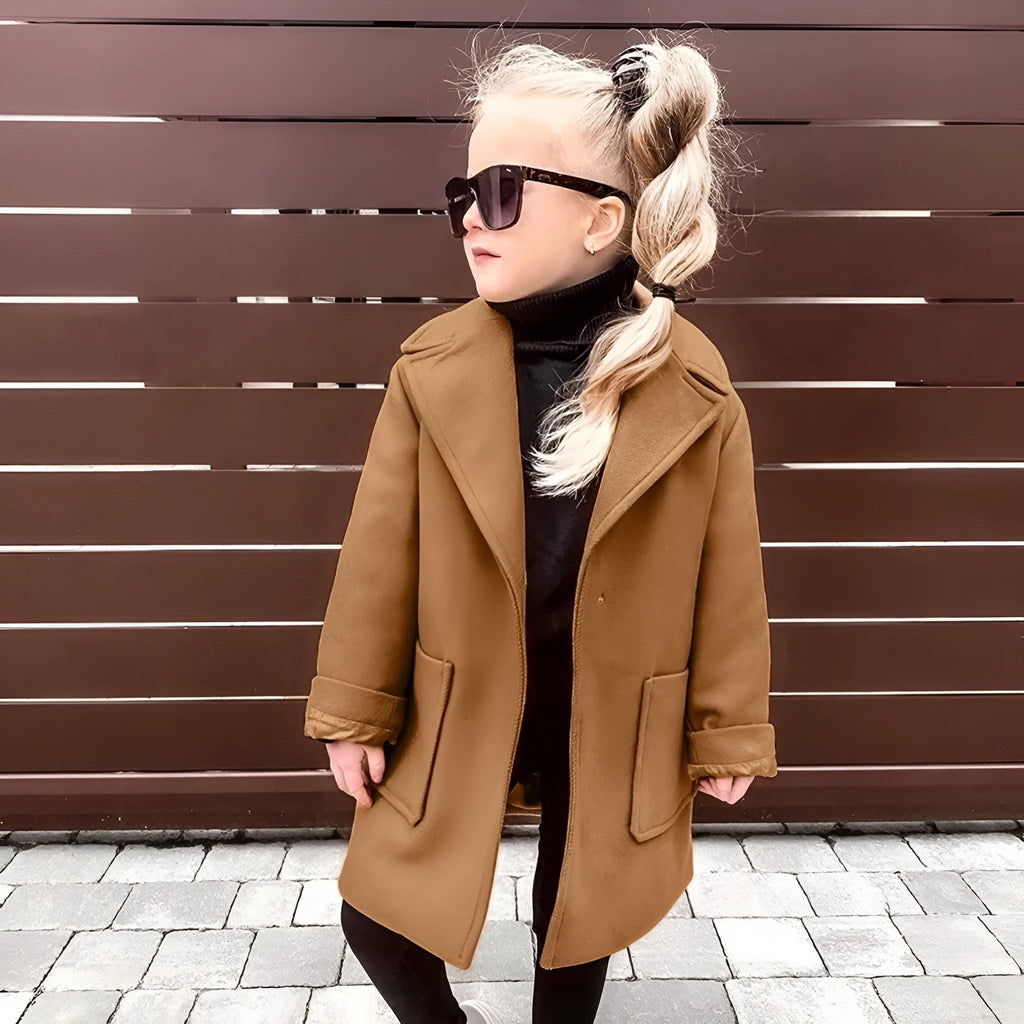 Brown children's woolen coat with suit collar and long sleeves for toddlers 1-3 years