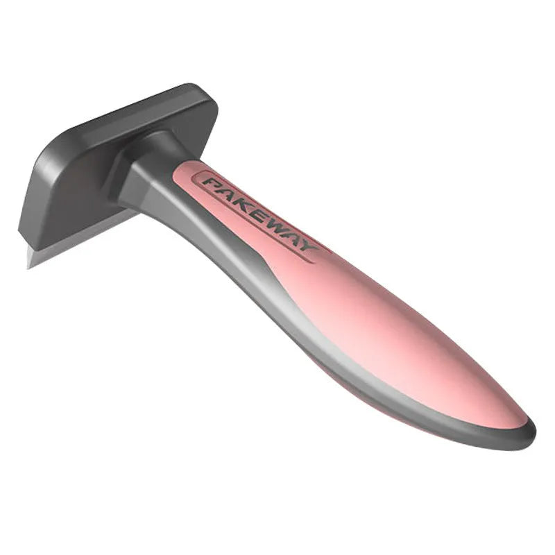 T9 series pet hair removal comb in pink, mint green, and grey on white background