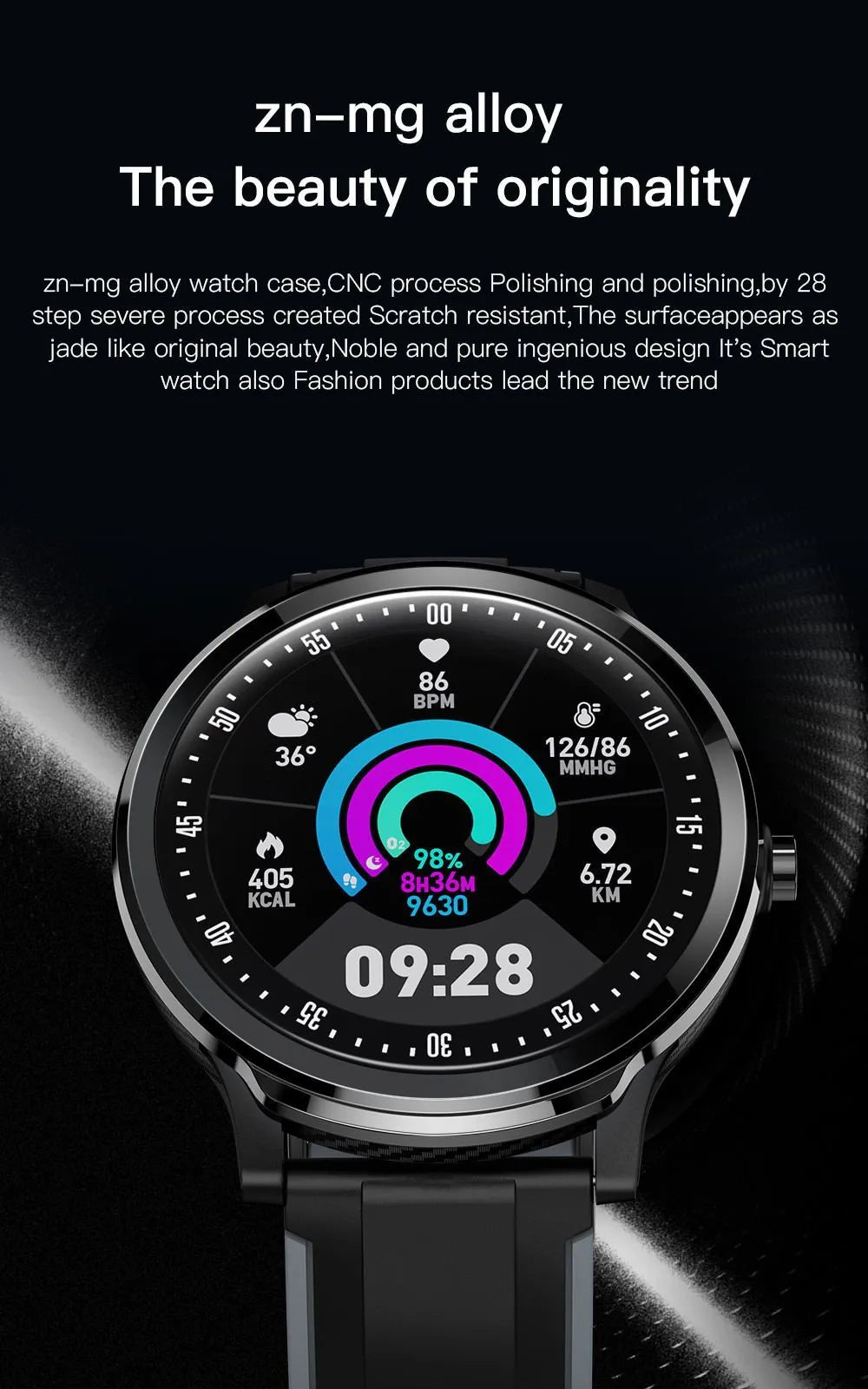 SN80 smart watch with metal body and silicone strap displaying heart rate on 1.3-inch touchscreen