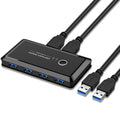 Black USB 2-in-4-out splitter with blue indicator light and button switch