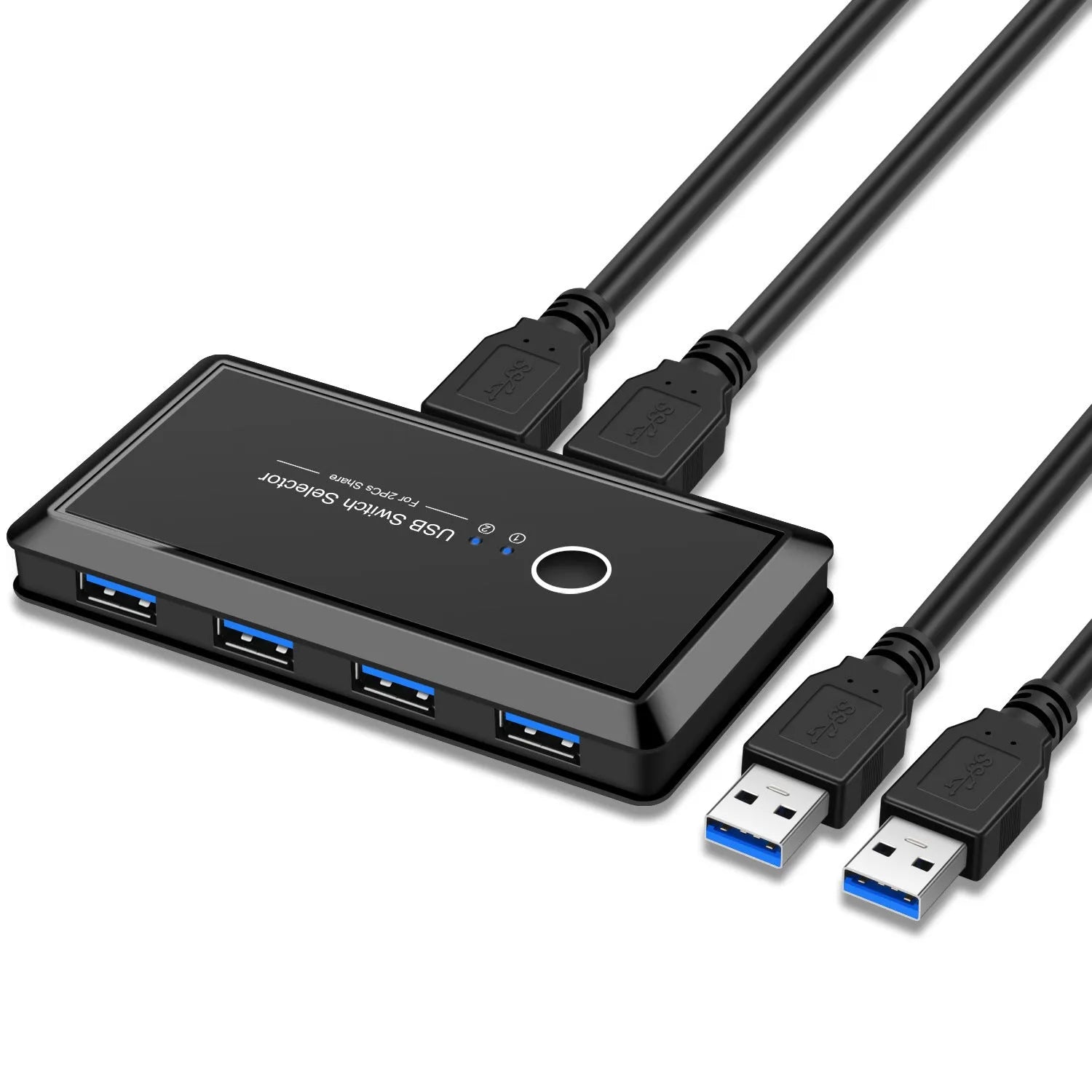 Black USB 2-in-4-out splitter with blue indicator light and button switch