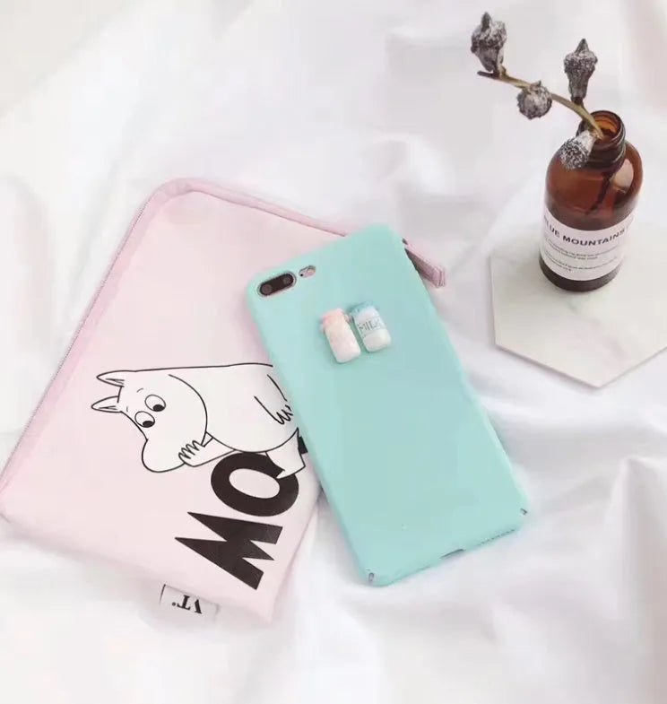 Frosted phone case with 3D milk bottle and coffee cup figures in turquoise or light pink for iPhone