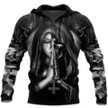 Adult wearing a black hooded sweatshirt with a large, textured 3D anime-style skull graphic on the front.