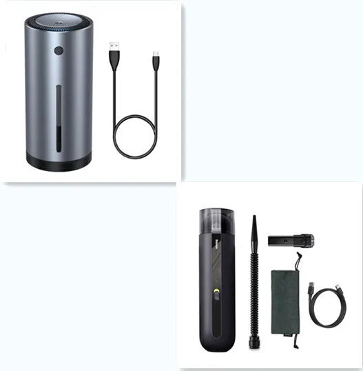 BASEUS wireless handheld car vacuum cleaner in black, white, or green with blowing hose.