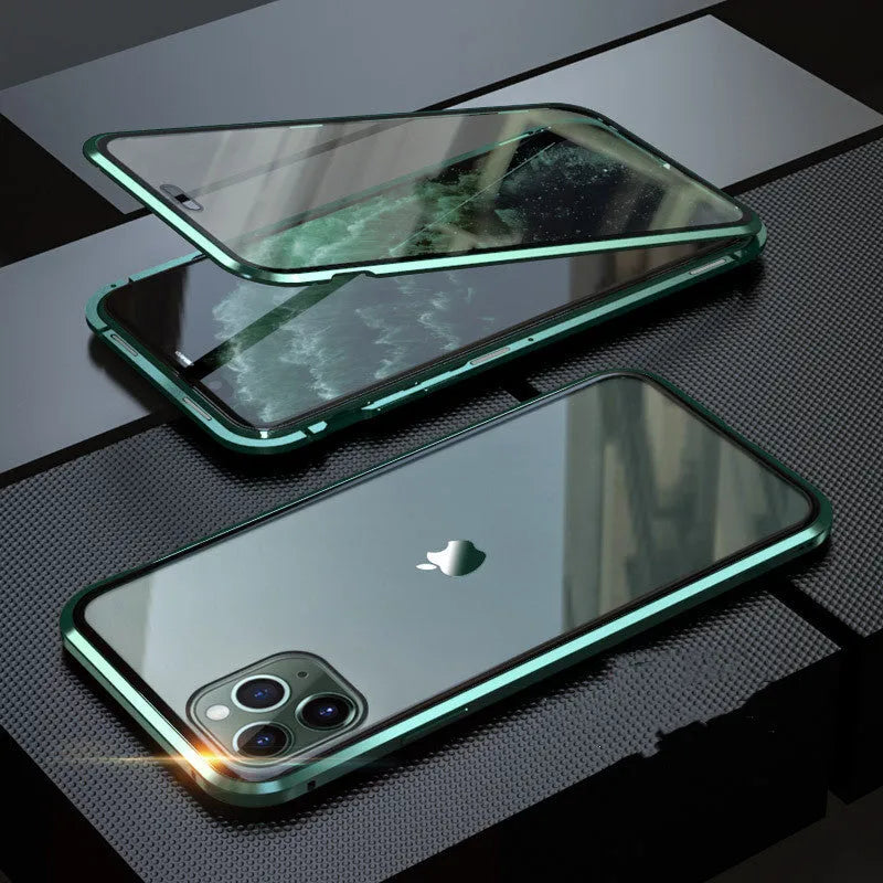 Glass clamshell anti-spy privacy case for iPhone in black, blue, gold, green, red, and silver colour options.