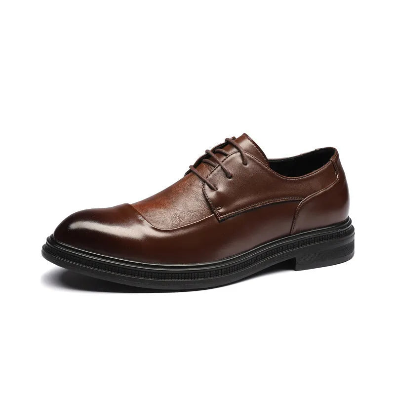 Men's pointed British dress shoes with rubber sole, black and brown options, sizes 38 to 44