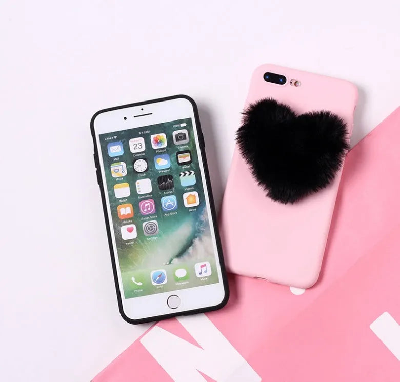 3D furry love hearts PU phone case for iPhone in Pink, back cover with textured hearts design