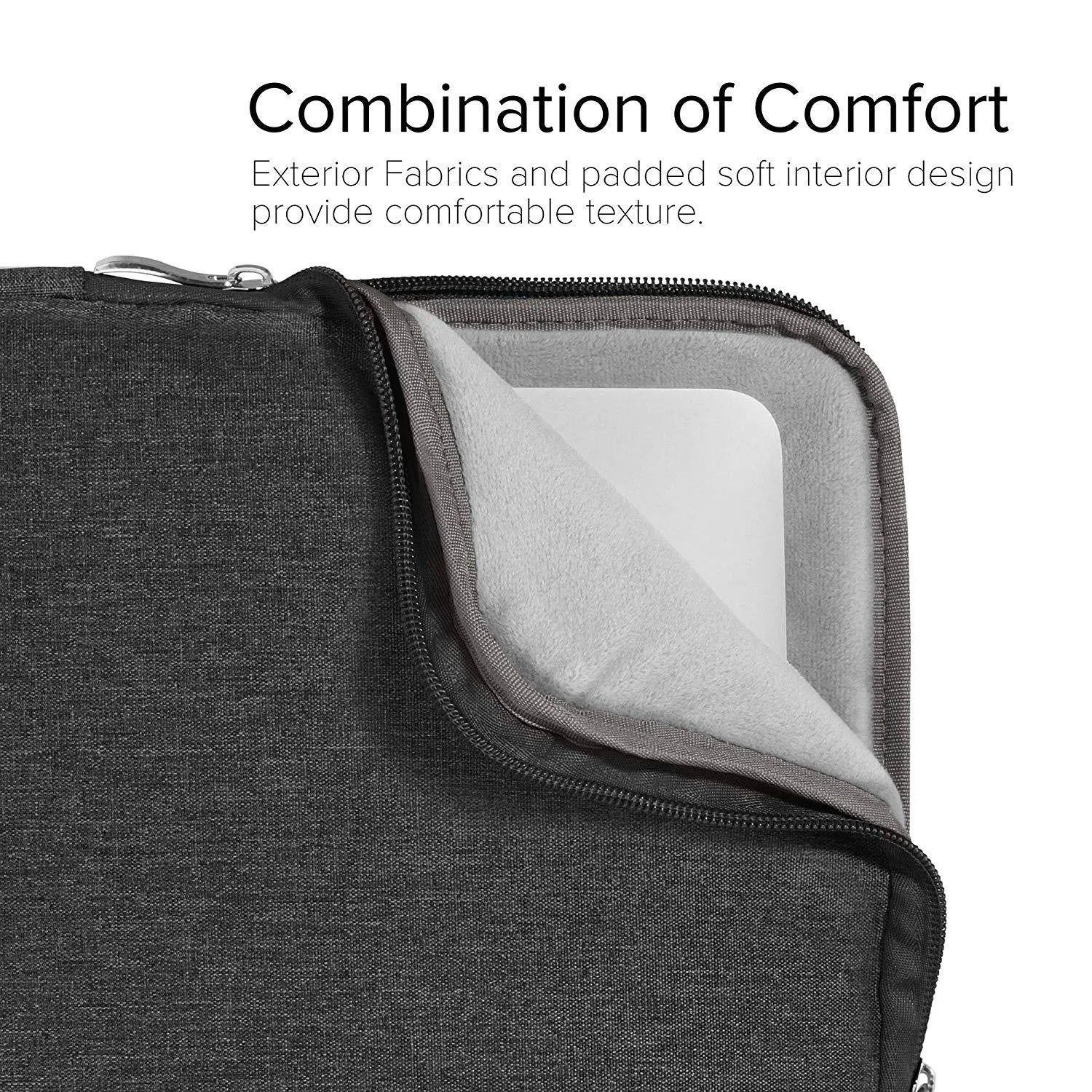 Simple grey canvas notebook sleeve case for a 12.9-inch tablet, showing padded interior.