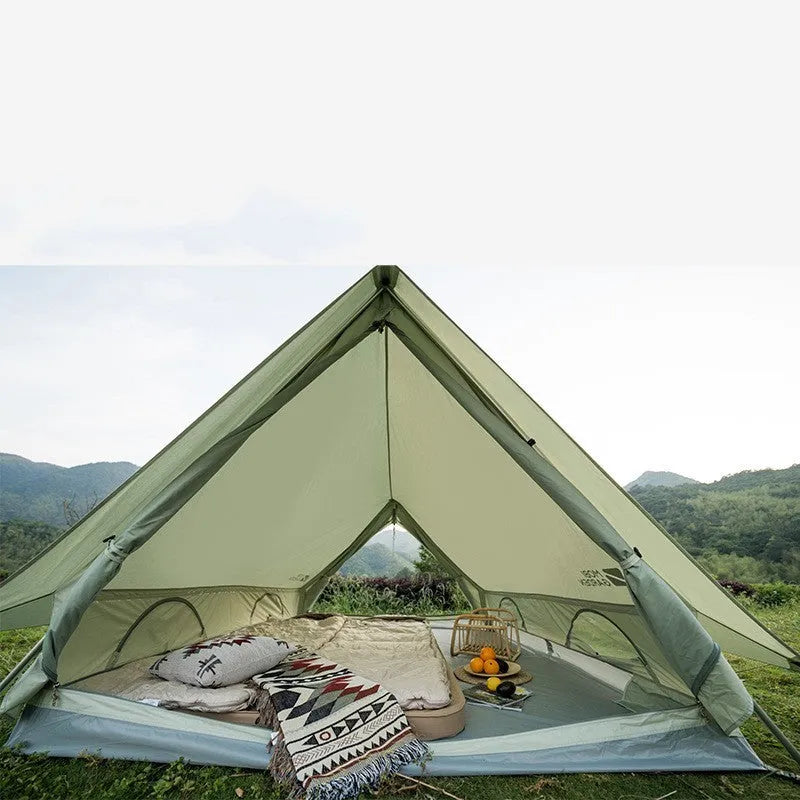 Large family camping tent in mountain green and ivory white with aluminium poles and Oxford base