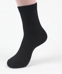 Men's bamboo fibre business socks in small square pattern showing five colour options.