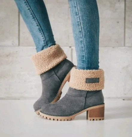 Women's mid-tube suede snow boots with a thick heel and waterproof platform in various colours.