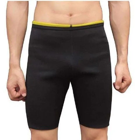 Men's black and yellow sauna shorts in SBR with polyester lining and nylon outer, sizes S to 4XL
