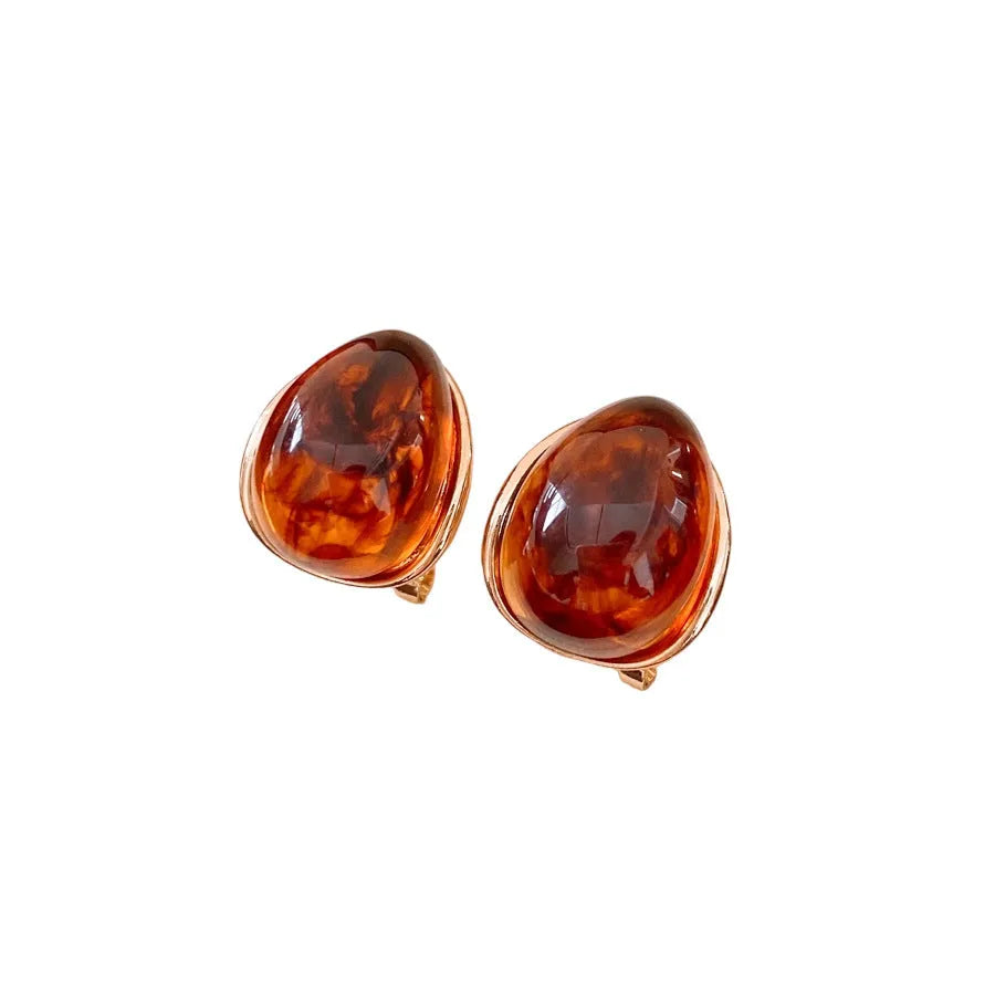 Amber water drop ear studs and ear clips in coffee colour with silver needles and electroplated resin drop shape