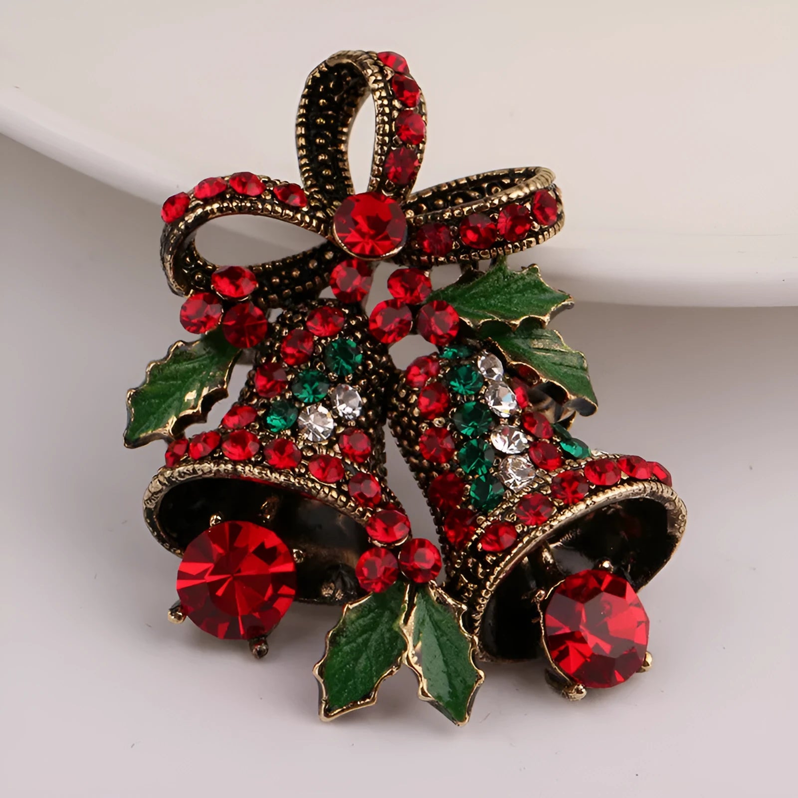 Christmas suit pin brooch alloy inlaid artificial gems ancient gold colour bells style