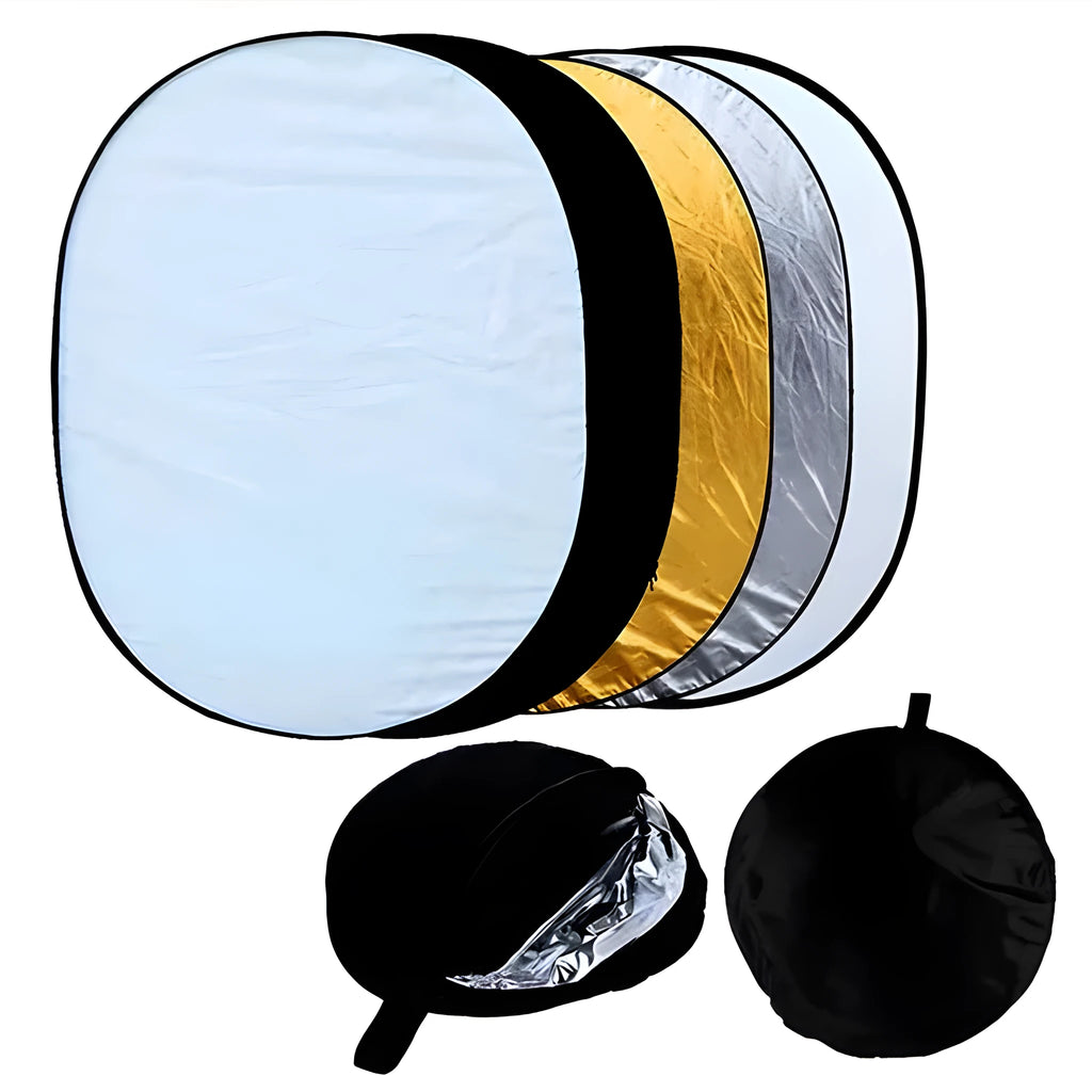 5 in 1 collapsible photography light reflector showing gold silver white black translucent surfaces