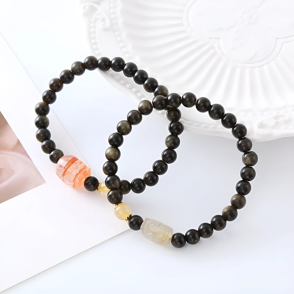 Natural obsidian Pi Xiu bracelet with gold obsidian stone and red flower design