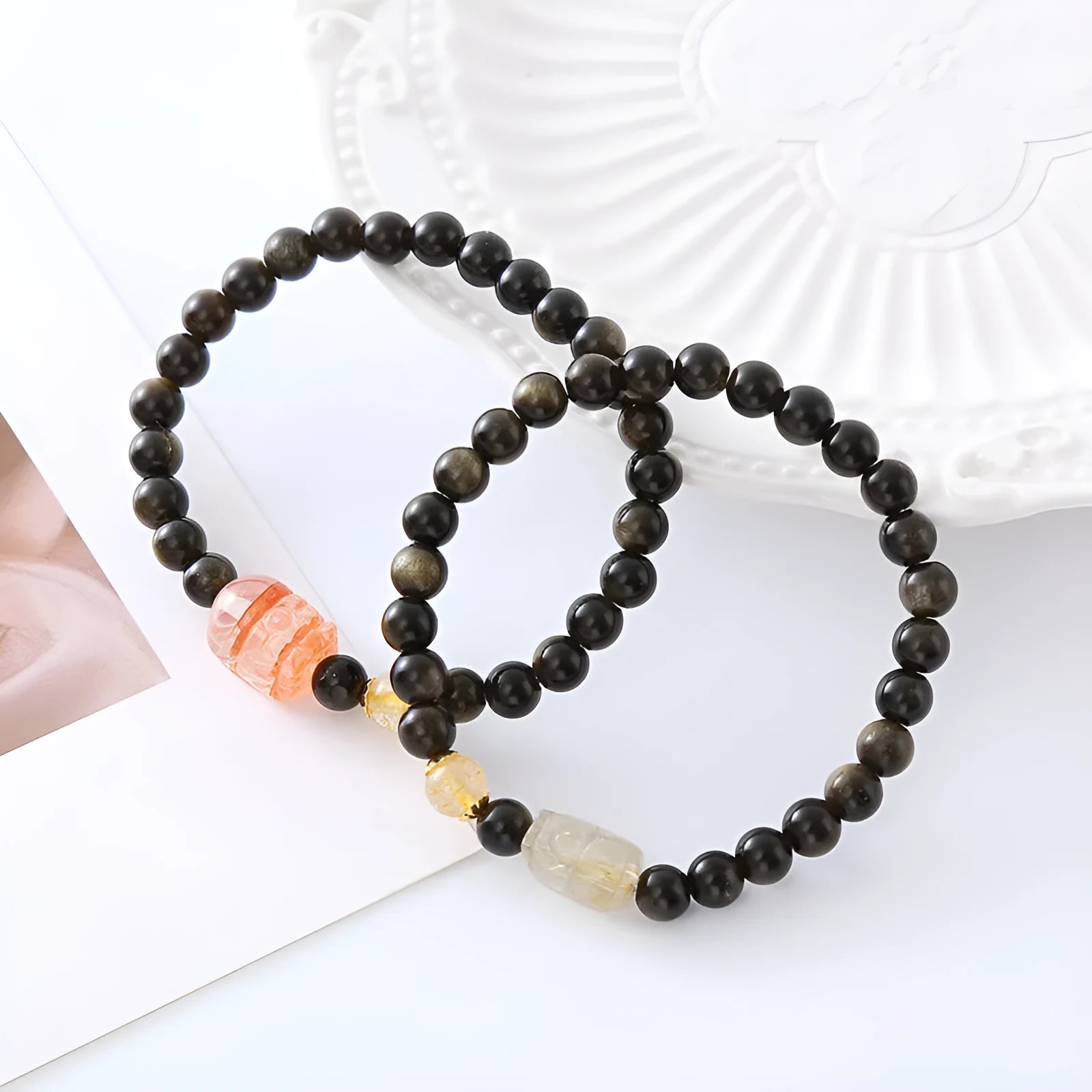 Natural obsidian Pi Xiu bracelet with gold obsidian stone and red flower design
