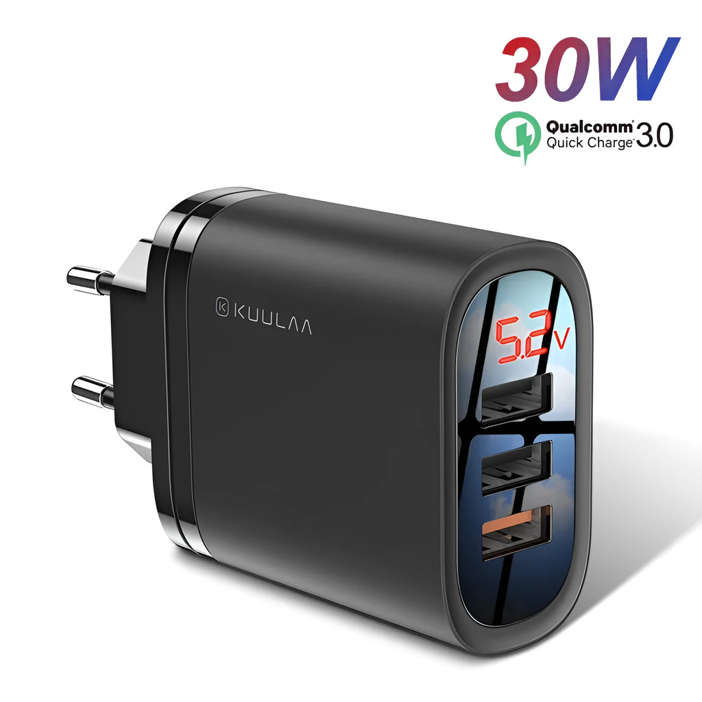 3 hole USB fast charge travel charger with LED indicator in black, showing EU plug attached