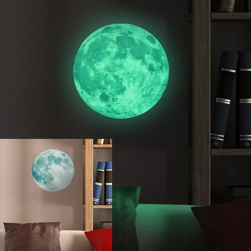 30cm green fluorescent glow moon wall sticker on a wall, glowing in the dark