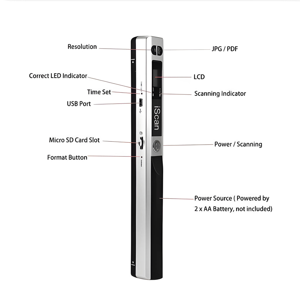 iScan portable handheld A4 document scanner in black with USB cable and protective bag