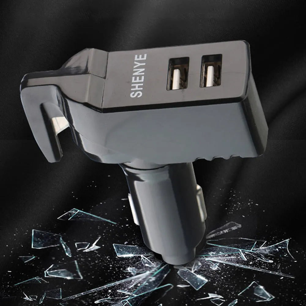 Black car safety hammer with PC polycarbonate body, tungsten steel tip, and seat belt cutter on grey background