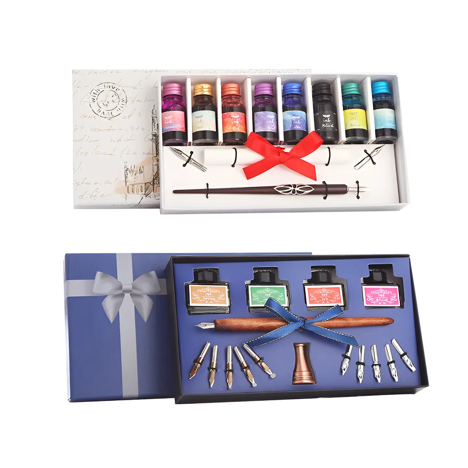 Wooden dip pen set with eight coloured ink bottles, two nibs, and blank paper in a wooden box