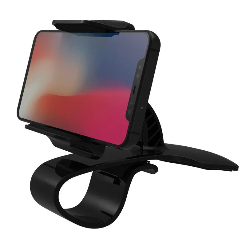 Dashboard car phone holder mounted on vehicle dashboard edge holding smartphone