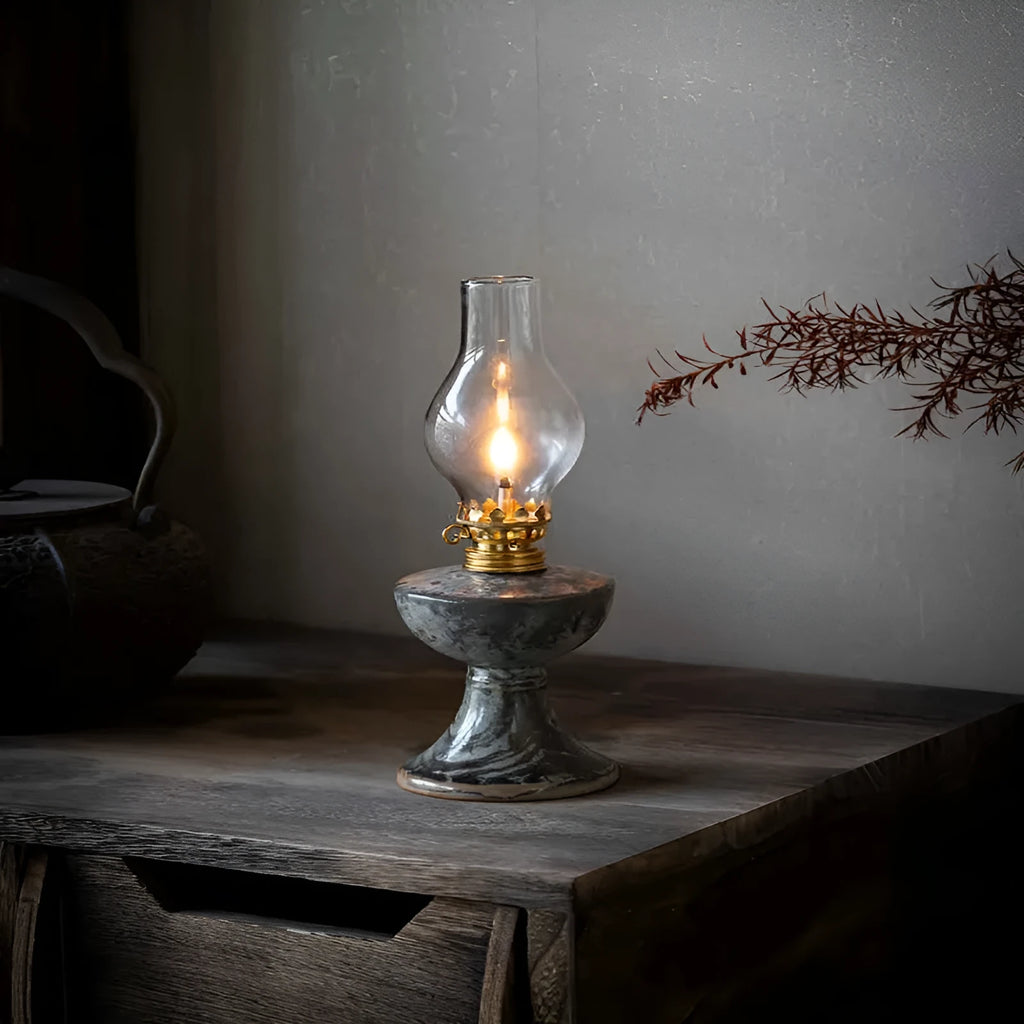 Retro split design black antique handmade kerosene lamp with underglaze finish on a shelf