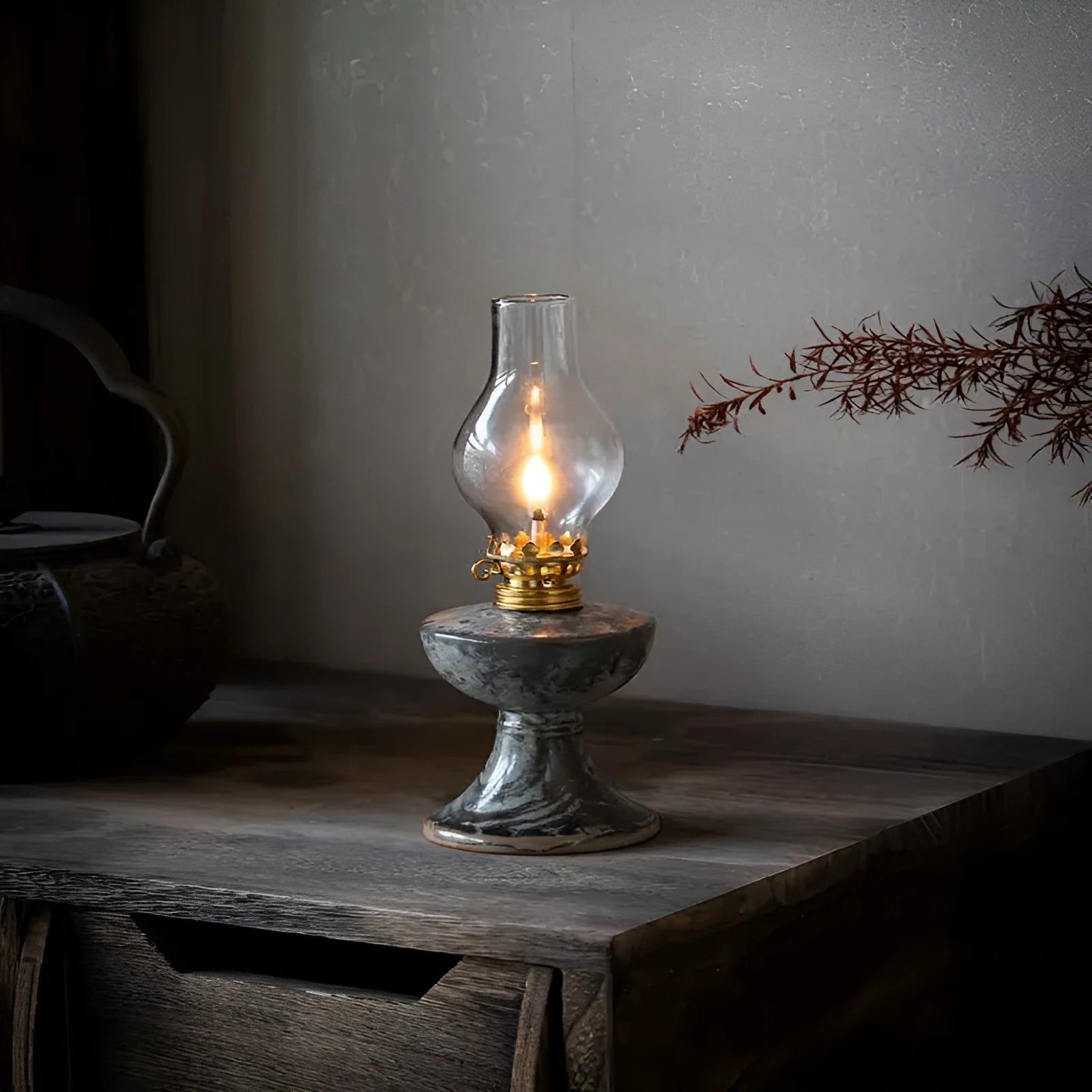 Retro split design black antique handmade kerosene lamp with underglaze finish on a shelf