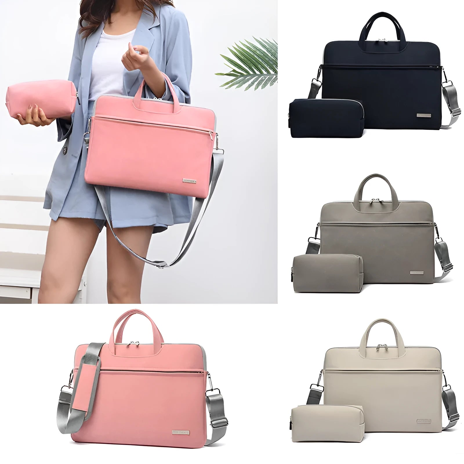 PU leather laptop bag in Black on a table, with zipper closure and removable shoulder strap