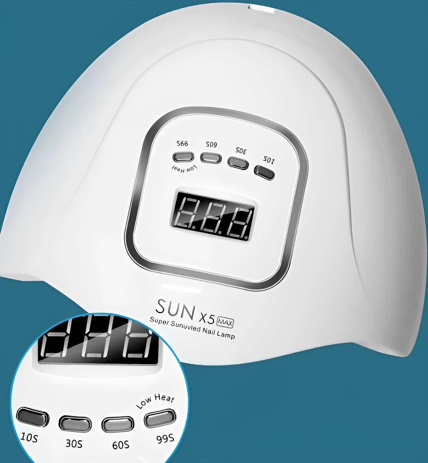 White ABS plastic nail curing lamp with dual UV and LED lights and timer buttons.