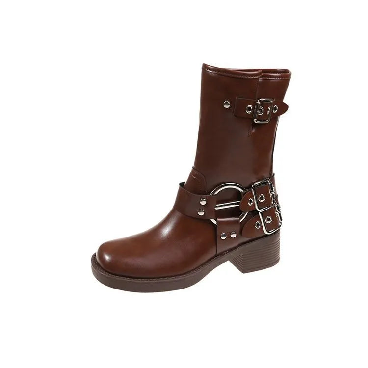 Women's black platform ankle boots with buckle strap on block heel