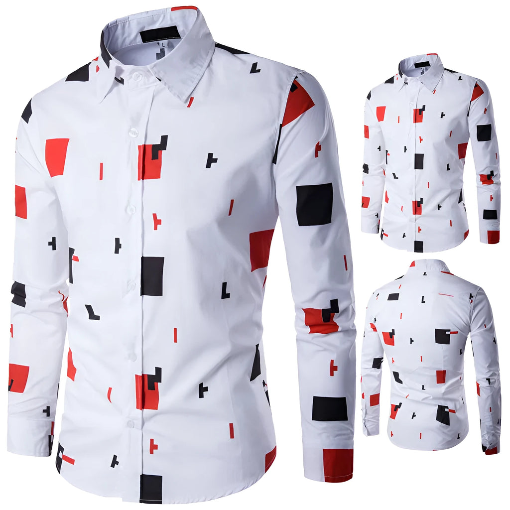 Men's casual long sleeve cotton shirt in white on hanger, available in sizes M to 5XL