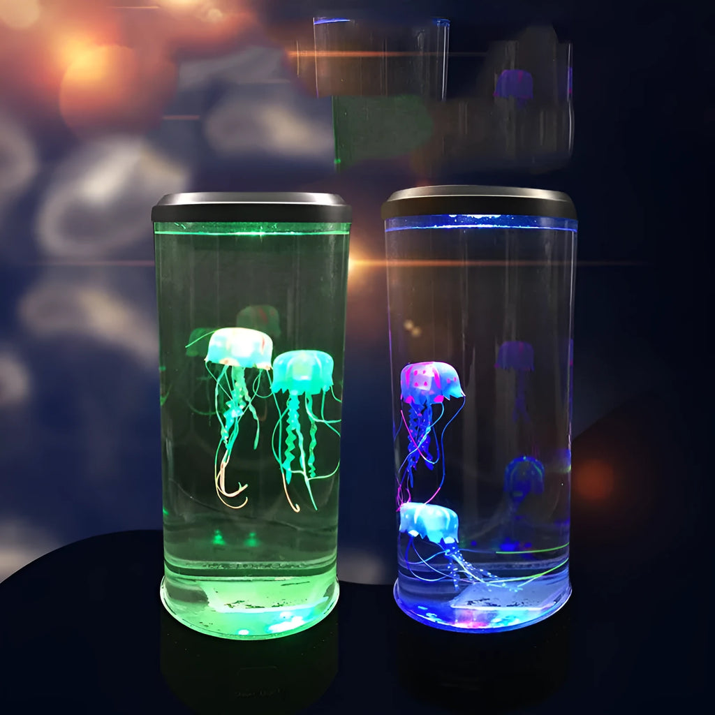 Black jellyfish LED light with acrylic shade on a desk, 35cm tall, USB powered