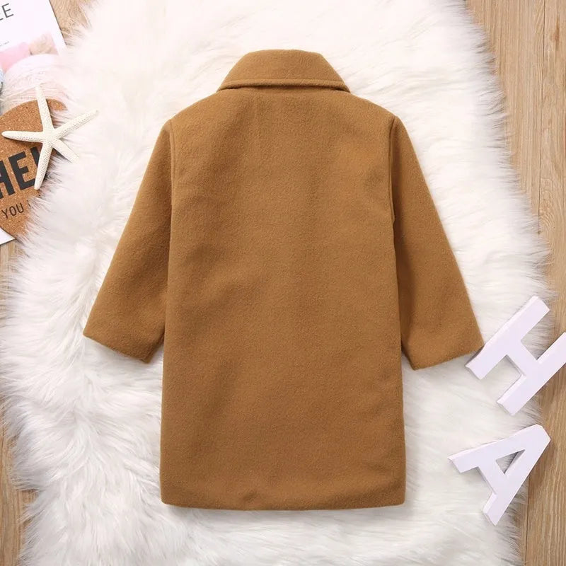 Brown children's woolen coat with suit collar and long sleeves for toddlers 1-3 years