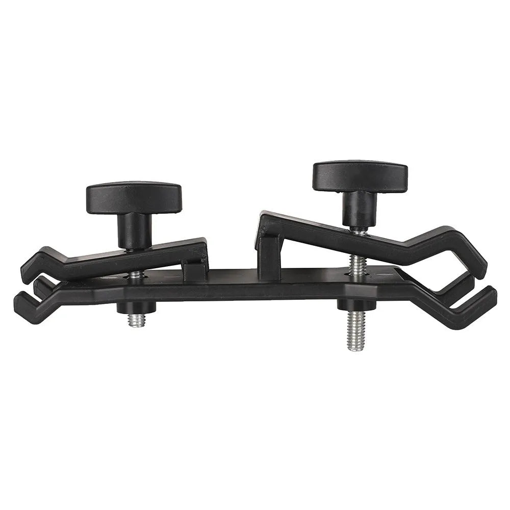Black ABS plastic umbrella clip for attaching an iPhone to a tripod and umbrella pole.
